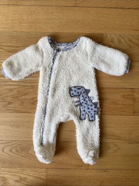 Baby Essentials Cream Plush Footed One-Piece with Gray Star Dino
